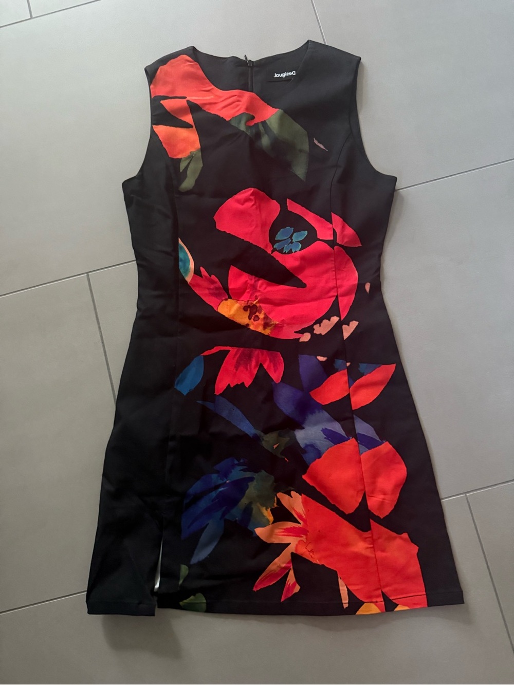 Desigual Black Mini Dress with Bold Red and Multicolor Floral Print size M